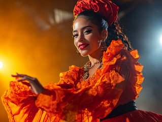 Fototapeta premium A dancer in a traditional flamenco dress performing on a brightly lit stage during a Hispanic Heritage Month event.