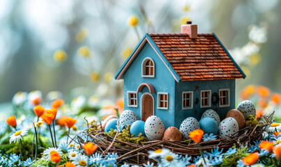 Easter Celebration Concept with Miniature House in Nest Surrounded by Painted Easter Eggs in Flower Garden
