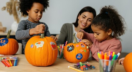 Fototapeta premium Kids Decorating Pumpkins with Stickers and Markers