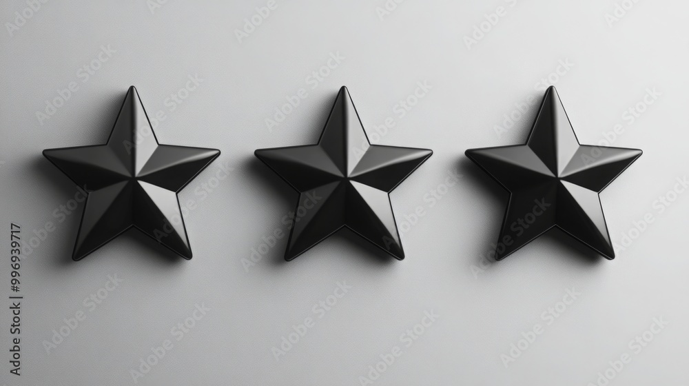 Fototapete Three glossy black stars are positioned neatly in a line on a smooth gray surface, creating a contemporary and stylish visual effect that complements modern design aesthetics.