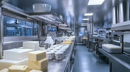 Fototapeta premium dairy packaging line, showing various milk products like yogurt, cheese, and butter being packaged in cartons and containers