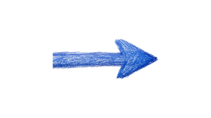 A blue arrow pointing down. The arrow is made of glass and is very shiny. It is on a trasparent background