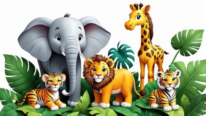 Obraz premium A colorful illustration of cartoon animals in a jungle setting.