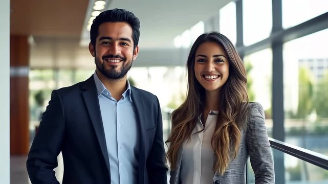 two young hispanic business workers inside a modern building. male and female professionals