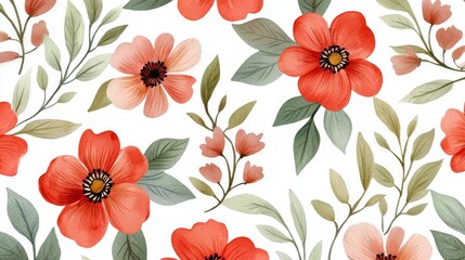 A seamless watercolor pattern featuring blue, green, and orange floral elements.