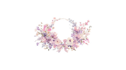 Fototapeta premium A flower arrangement with pink flowers and green leaves. The arrangement is circular and has a white background