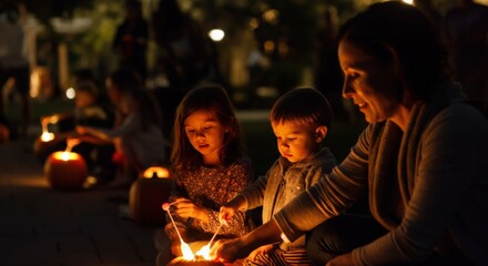 Fototapeta premium Kids Lighting Pumpkins With Sparklers