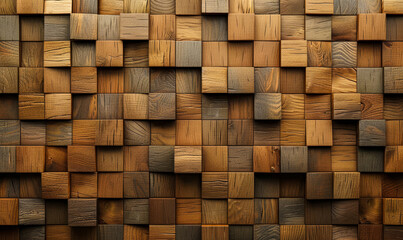 Fototapeta premium 3D Wooden Tile Wall Background with Soft Sheen and Square Blocks, Timber Wood Textured Wallpaper, Home Decor, Interior Design Accent, Rustic Modern Style, Architectural Visualization, Digital Render