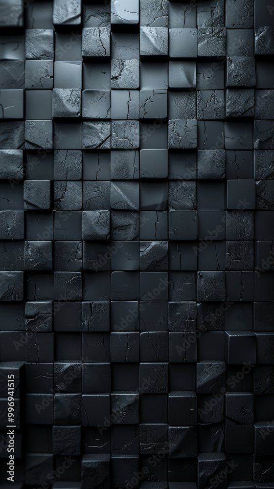 Poster futuristic high-tech wall with 3d cube tile pattern in dark background, unique square block structur