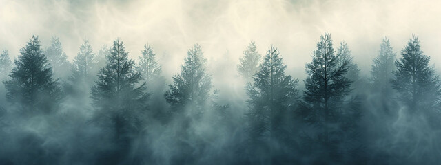 Fototapeta premium Misty Forest with Pine Trees in the Morning Fog
