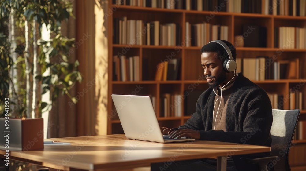 Poster a man sits attentively at a wooden table in a library, wearing headphones while working on his lapto