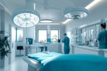 A hospital room with a blue bed and a monitor on the wall