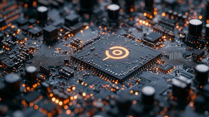 Conceptual illustration of a microchip with a power symbol. White neon data flows between the CPU and user across a futuristic motherboard.