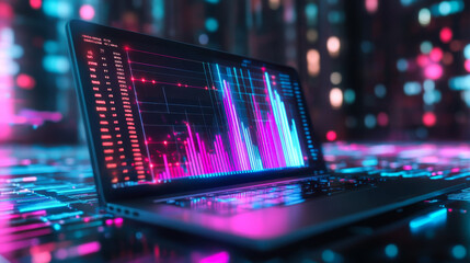 Colorful digital data visualization displayed on a laptop with vibrant graphics in a tech-inspired environment