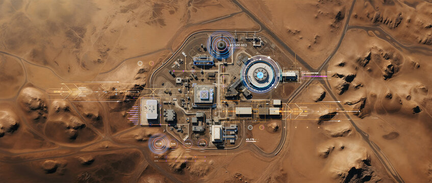 Banner of aerial satellite view of military base or sensitive strategic location , power or nuclear plant in desert, intelligence and national security defense services concept