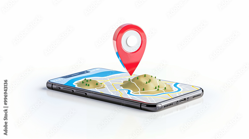 Poster smartphone with location pin on map displaying navigation and travel features