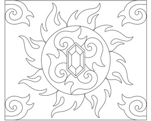 Sun Coloring Page with Crystal and Fire Elements Patterns - Vector Linear Picture for Coloring. Outline. Mandala with Flames and Gems for Coloring Book or Template for Creativity