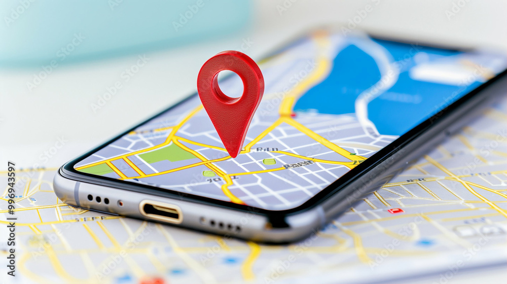  smartphone with map location pin on display showing navigation and gps tracking features