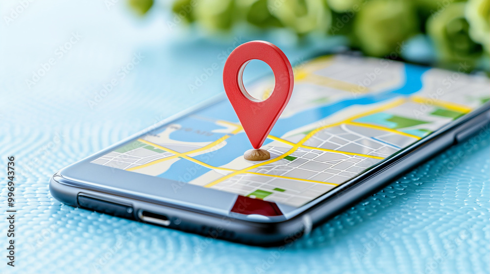 Poster smartphone with map and location marker on screen for navigation and travel planning