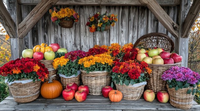 An autumn harvest display on a farmhouse porch with baskets of apples, pumpkins, and colorful mums under a rustic wooden arch