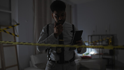 An african american police detective talks via walkie-talkie and examines a tablet at an indoor...