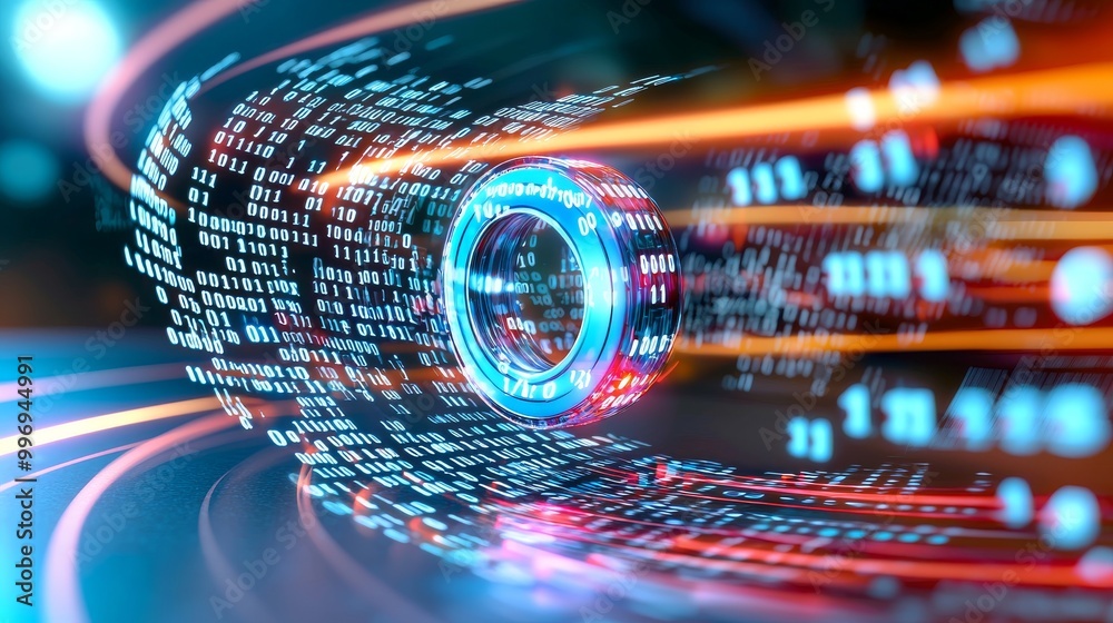 Poster the concept of cyber global communication and coding within a graphic demonstrating a fast-speed tra