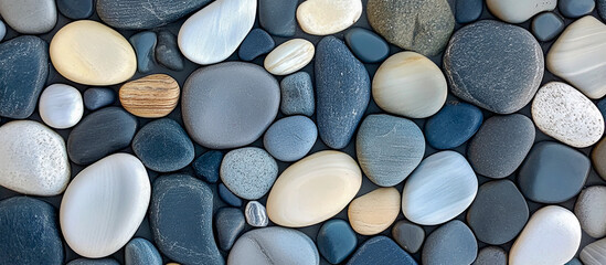 Smooth pebbles and rocks on the beach arranged in an abstract pattern.