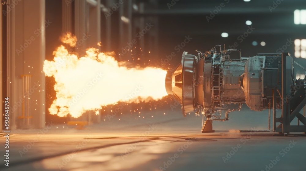 Poster a jet engine is mounted on a testing stand and is firing, producing a large, bright flame