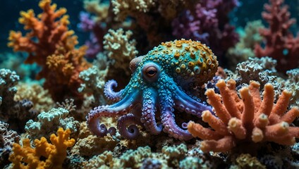 Iridescent octopus gliding through colorful coral reefs.