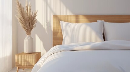 Stylish boho bedroom interior with wooden picture frame on an old bedside table, a cup of coffee, and a ball vase with dry grass on the floor Scandinav: Stock