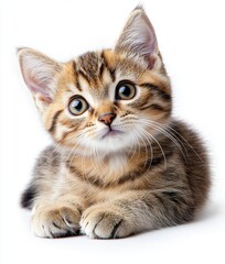 Fototapeta premium Isolated white background with toyger cat sitting and looking up