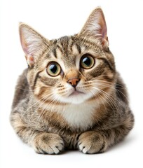 Obraz premium On a white background, a toyger cat sits and looks up