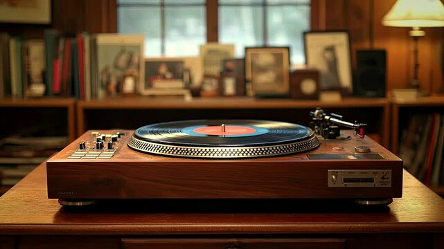 Vintage turntable playing a vinyl record in a cozy retro-themed room. Seamless looping 4K video background