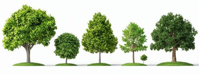 Set of street summer trees medium size isolated png on a transparent background perfectly cutout overcast lighting of Tilia cordata, Populus tomentosa, Fraxinus ornus, Betula papyrifera