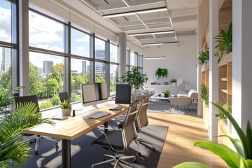 Fototapeta premium This is a 3D render of an interior of a contemporary conference room with panoramic windows and a city view.