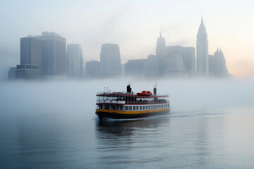 Naklejka premium Urban Ferry: A Boat Crossing a Foggy Harbor, Skyscrapers Looming in the Background, a City Commute