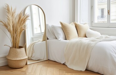 Three-dimensional rendering of a bedroom interior with a coastal boho theme