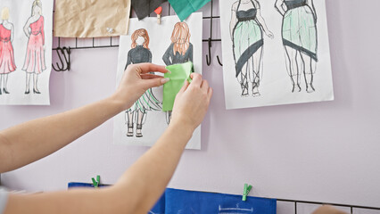 A woman's arm is seen pinning fabric samples onto a wall with dress designs in a bright atelier.