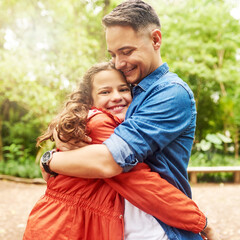 Outdoor, dad and girl in portrait with hug, love and bonding together on fathers day in park. Happy people, papa and teen child with connection embrace for gratitude, affection and care in backyard