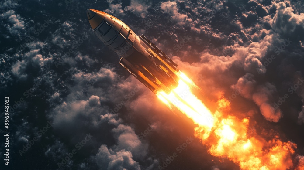 Poster a rocket is seen launching into the sky, with a bright orange flame and smoke trailing behind it. th
