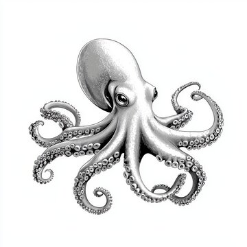 recommend clip art: In a classic engraving style, octopus sea animal food with swirling tentacles and suction cups. Scratchboard imitation. Black and white image.