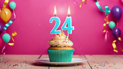 Birthday cupcake with burning lit candle with number 24. Number twentyfour for twentyfour years or twentyfourth anniversary.