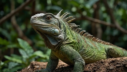 Large green iguana in its environment.
