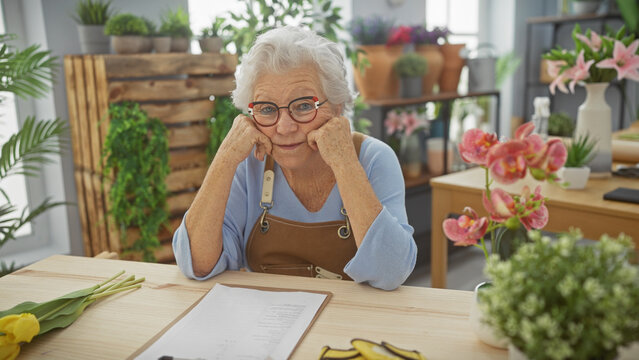 A senior woman with glasses smiling at a flower shop filled with plants and gardening tools.