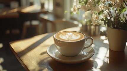 Obraz premium A warm cup of coffee with latte art on a wooden table beside a flower arrangement.