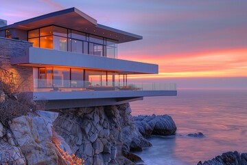A modern cliffside house with a sleek design, perched on a rocky outcrop overlooking the ocean. The house features large windows and a stunning view of the sunset.