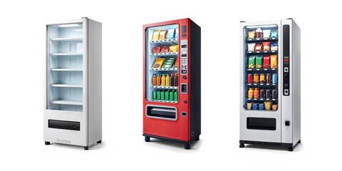 set of automatic vending machine dispenser for snacks and quick food and beverage drinks fridge found in common areas and cafeteria when hungry