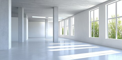 Fototapeta premium The background is an abstract, modern concrete room with pillars, square ceiling lights, and a rough floor.