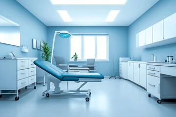 A hospital room with a blue bed and a monitor on the wall