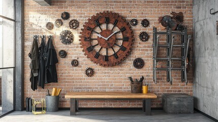 An industrial-style entryway with a wooden bench, steel coat racks, and a brick wall featuring a large clock made from gear parts